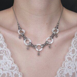 Mother-of-pearl and silver medieval princess chain mail necklace
